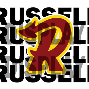 May include: A red and yellow stylized letter "R" with the word "RUSSELL" repeated four times in black text.