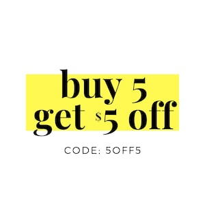 May include: Yellow rectangle with the text "buy 5 get &pound;5 off" in black. Below the rectangle is the text "CODE: 5OFF5" in black.