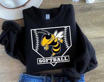 May include: Black sweatshirt with a white baseball diamond graphic featuring a cartoon bee and the text "Softball".
