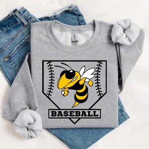 May include: A gray sweatshirt with a black and yellow cartoon bee holding a baseball. The bee is inside a black baseball diamond with the word "BASEBALL" printed below.