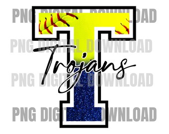 Op de afbeelding: Een gele en blauwe glitterletter T met een softball-afbeelding en het woord "Trojans" in zwarte cursieve letters.