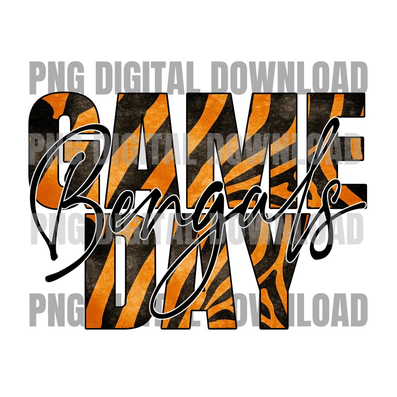 Puede incluir: Patr&oacute;n de rayas de tigre naranja y negro con el texto "GAME DAY" y "Bengals" en negro. El texto est&aacute; en una fuente estilizada.