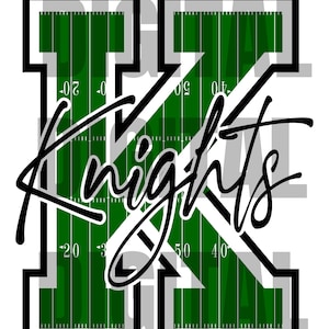 May include: Black and green graphic of a football pitch with the letter "K" in the centre. The word "Knights" is written in a black cursive font over the pitch.