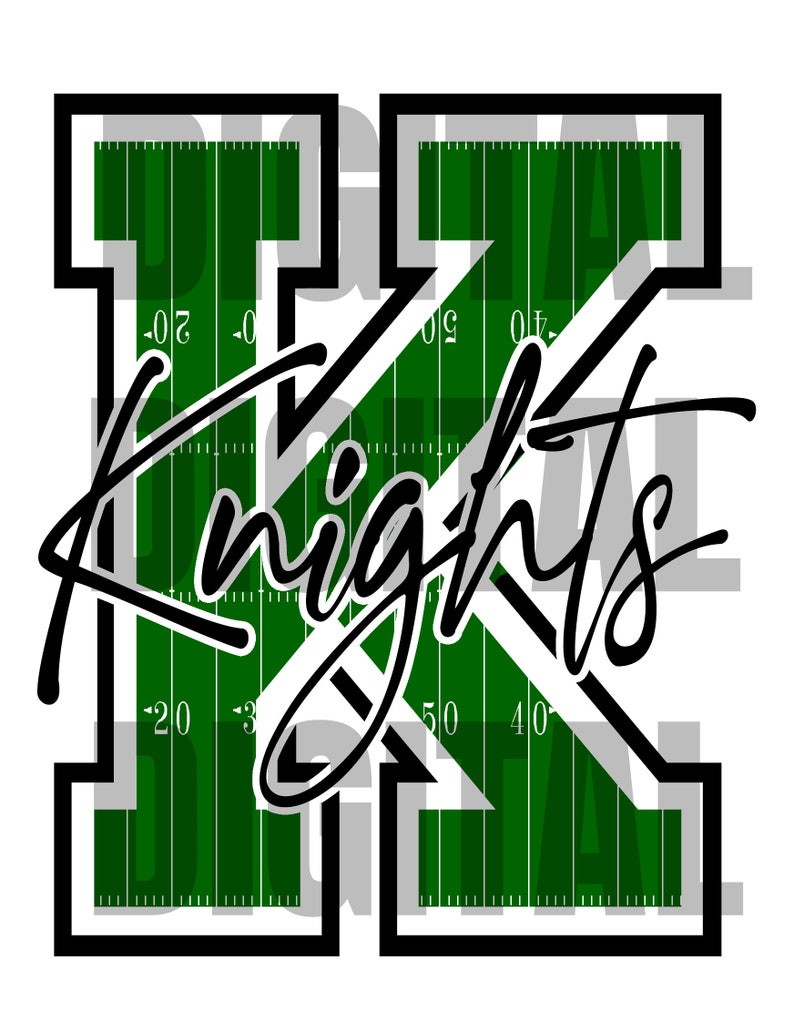 May include: Black and green graphic of a football pitch with the letter "K" in the centre. The word "Knights" is written in a black cursive font over the pitch.