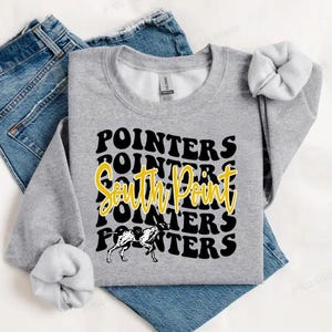 May include: Gray sweatshirt with black text that reads "Pointers South Point" in a retro font. The text is repeated multiple times and a black and white illustration of a dog is in the center.
