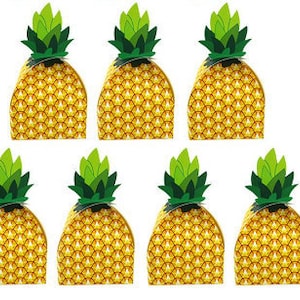 May include: Set of six yellow pineapple-shaped party favor boxes. The boxes are made of cardboard and have a printed design of a pineapple with green leaves.