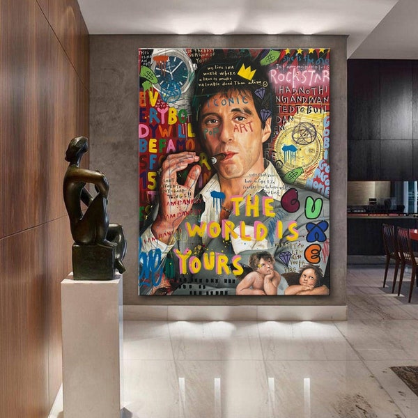 Banksy Style Scarface The World Is Yours Graffiti Pop Art Canvas, Banksy Scarface Pop Art, Tony Montana Street Graffiti Wall Art, Al Pacino