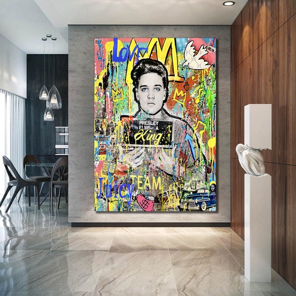 Oil Paint Print  Elvis Presley Pop Art Canvas Wall Art, Banksy  Style Pop Art, Elvis Presley Street Graffiti Wall Art, Elvis Presley Gift