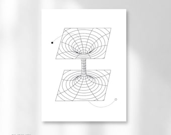 May include: Black and white geometric art print depicting a wormhole or a visual representation of spacetime. The artwork features two connected squares with concentric circles and a dotted line. Text at the bottom reads "THE OTHER SIDE OF SPACE TIME" and "@LOVECLUBLABS".