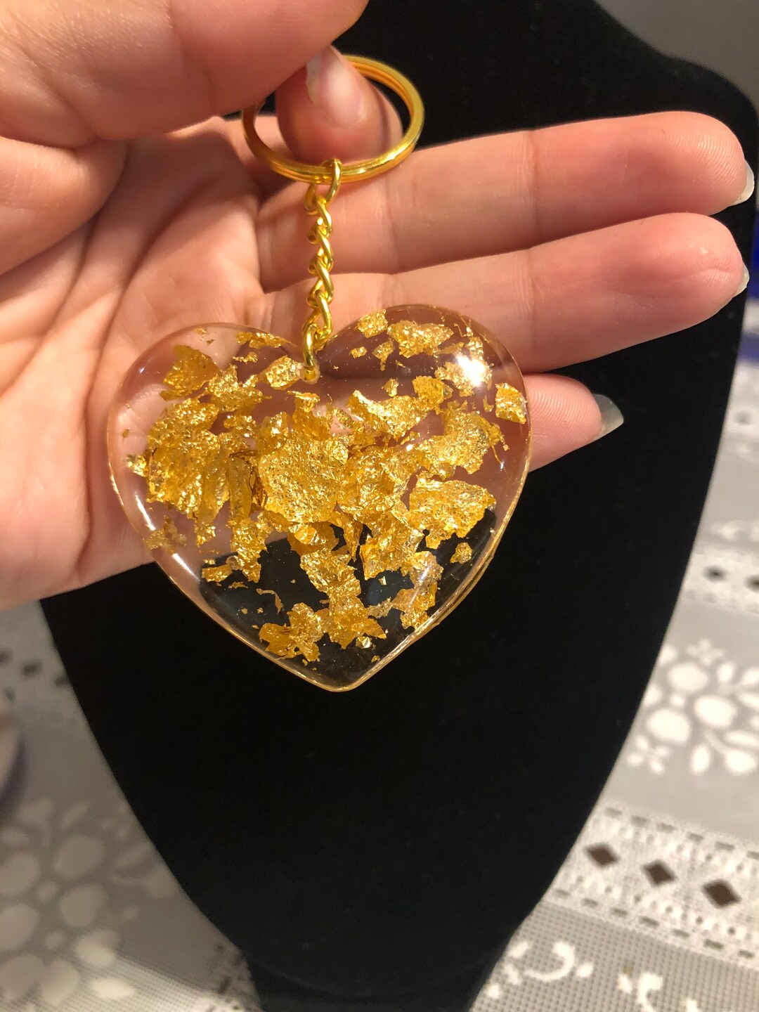 Resin Heart Keychain With Gold Flakes Etsy