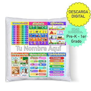 Plantilla de almohada de aprendizaje de Pre-K - 1er grado descarga PNG / Pre-K - 1st grade Learning Pillow Template PNG download in Spanish