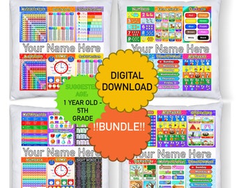 May include: A set of four colourful pillow covers featuring educational charts for children. The charts include topics such as maths keywords, numbers, time, shapes, sight words, alphabet, days of the week, months of the year, seasons, farm animals, and colours. The pillow covers are white with a colourful border and the text "Your Name Here" is printed on each cover. The text "Digital Download" and "Bundle!" is printed on a yellow circle.