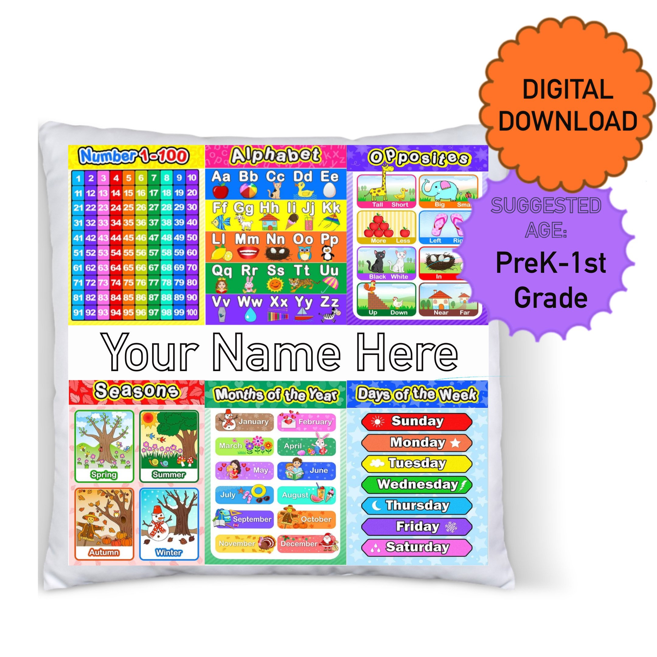 Pre-K - 1st Grade Learning Pillow Template PNG download