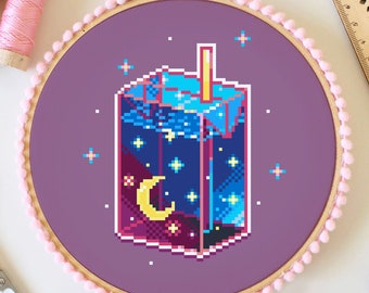 Midnight Juice Cross-Stitch Pattern | Kawaii night Anime PDF Chart  | Meme Tumblr Art | Pastel | Cute cyberpunk cross stitch Embroidery