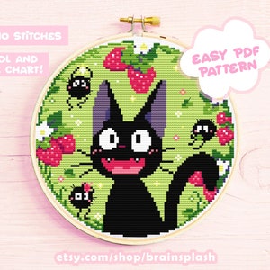 Jiji Ghibli Inspired Cross Stitch Pattern Kiki's delivery service Kawaii  Crossstitch Embroidery Chart Easy to Follow Cute Black Cat Pattern