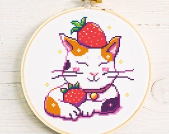 Strawberry Cat Cross-Stitch Pattern | Kawaii Kitty Anime PDF Chart  | Meme Tumblr Art | Pastel | Cute Calico cats cross stitch Embroidery
