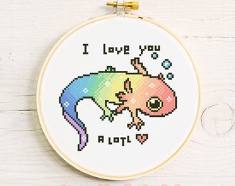 Rainbow Axolotl Cross-Stitch Pattern | Kawaii Axlotl Pride PDF Chart  | Meme Tumblr Art | Pastel | Cute LGBTQ cross stitch Embroidery