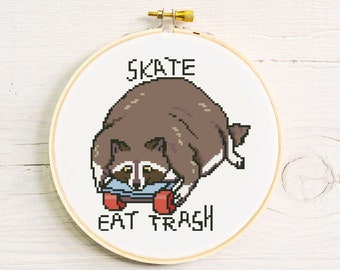 Edgy Raccoon Cross-Stitch Pattern | Skater Trash Panda PDF Chart  | Meme Tumblr Art | Pastel | Cute cross stitch Embroidery