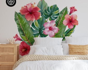 Floral wall decals | Tropical Botanical Wall Mural with Hibiscus Flowers & Palm Leaves | Wall Decor | Home Mural