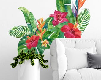 Tropical wall decal sticker, Monstera Green leaf room decor, Jungle floral leaves, palm trees, and island art murals