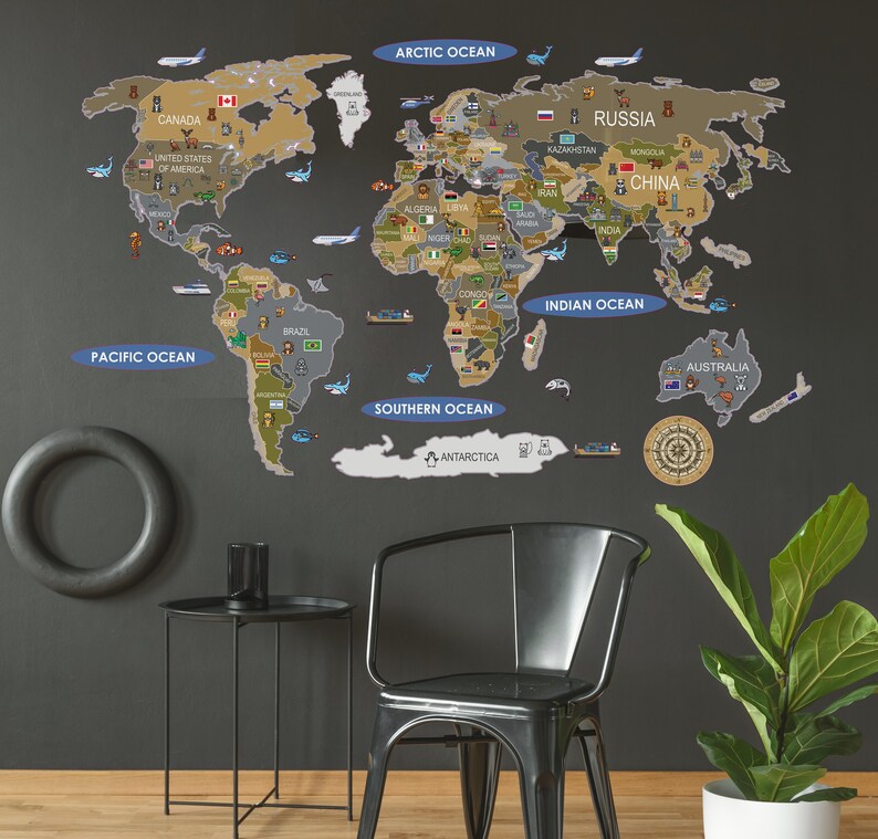 World Map Wall Decal World Map With Animals Sticker Map With Etsy