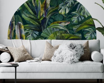 Floral wall decals, Modern Headboard, Bed Arch Sticker, Green Leaf wall Art, Watercolor Tropical Leaves  Mural 35