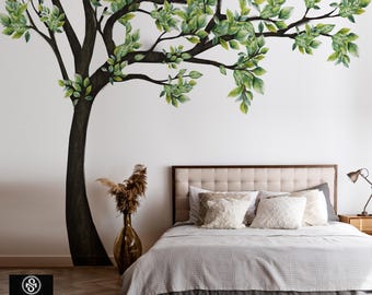 Watercolor Tree Wall Decal, Wall Decor, Large and Tall Green Peel and Stick Kids Room Decor Home Art, Falling Leaves Weeping Willow, 11