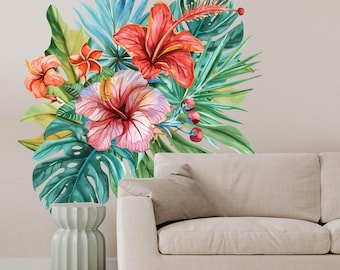 Hibiscus Flower Wall Decal, Tropical Watercolor Floral Wall Sticker, Large Boho Botanical Art, Mural, Living Room Bedroom Decor, 32