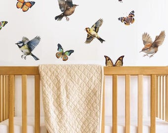 Tropical Birds Butterfly Wall Mural, Colorful Nursery Decor Wall Decals
