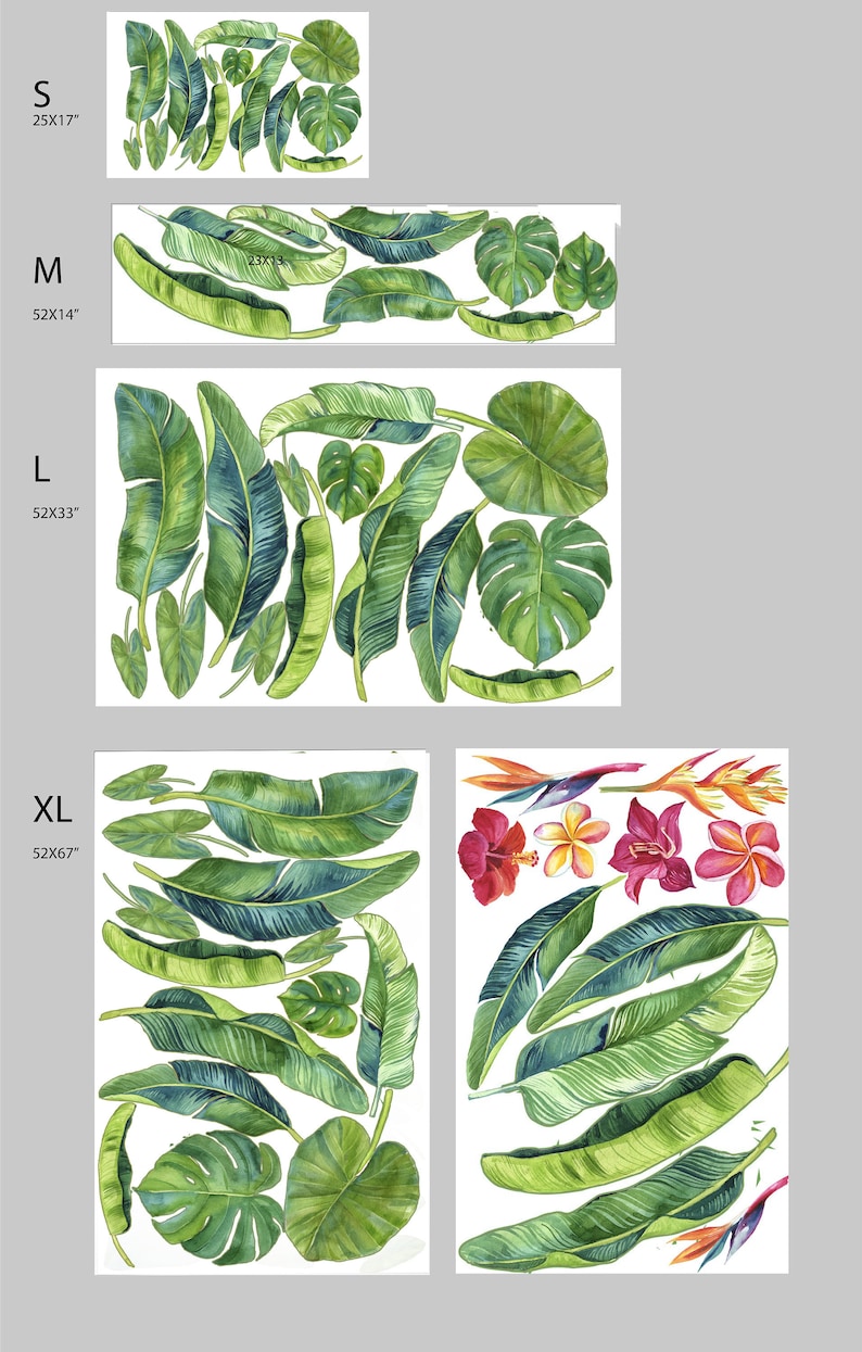May include: Four sizes of tropical leaf wall decals, with the largest size showing a mix of green leaves and pink and orange flowers. The sizes are labeled S 25x17", M 52x14", L 52x33", and XL 52x67".