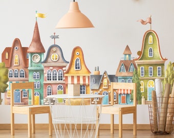 VILLAGE Houses Wall Decal, Nursery wall decal, Kids decor,Watercolour Houses wall sticker, peel and Stick wallpaper, Boys Girls gift, Mural