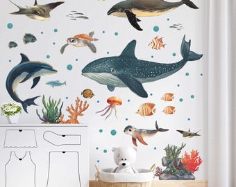 Ocean Animal Wall Decals , Coastal wall decor, Wall Art, Sea Life Wall Stickers, Watercolor Nursery Decor, Kids Room, Peel and Stick, Mural
