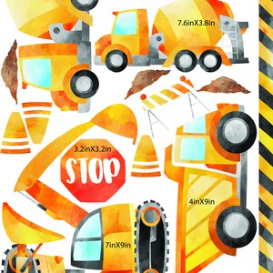 May include: A set of 10 construction vehicle and traffic sign stickers. The stickers are yellow, orange, and red with black outlines. The stickers include a dump truck, a cement mixer, an excavator, a bulldozer, a stop sign, and traffic cones. The stickers are perfect for decorating a child's room or play area.