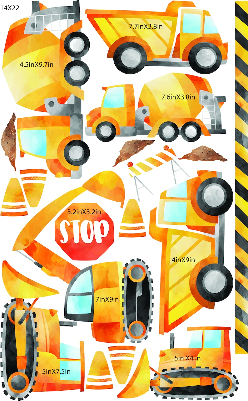 May include: A set of 10 construction vehicle and traffic sign stickers. The stickers are yellow, orange, and red with black outlines. The stickers include a dump truck, a cement mixer, an excavator, a bulldozer, a stop sign, and traffic cones. The stickers are perfect for decorating a child's room or play area.