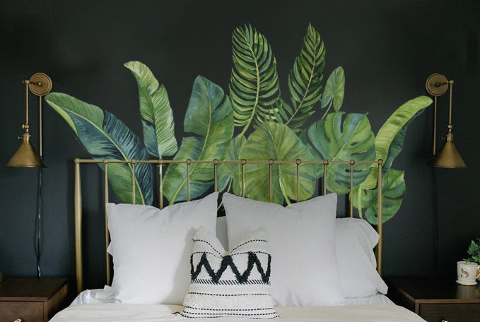Green leaf wall decal Palm Leaf wall sticker Watercolor Tropical Leav…