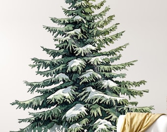 Christmas Tree Wall Decal, Watercolor Pine Tree Wall Decor, Nursery Wall Mural, Tall Green Peel and Stick Kids Room Decor Home Wall Art