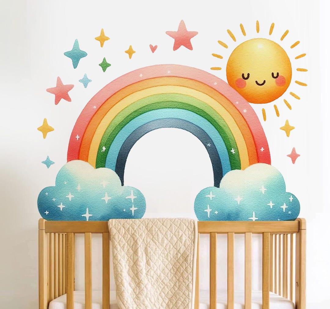 Watercolor Rainbow Sun Wall Decal Sticker, Nursery Wall Decal Girls ...