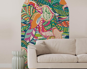 Retro Tropical Wall Decal, Bold Botanical Mural, Modern Wall Art, Leaves, Colorful Abstract Floral Wall Art, Boho Maximalist Home Decor 113