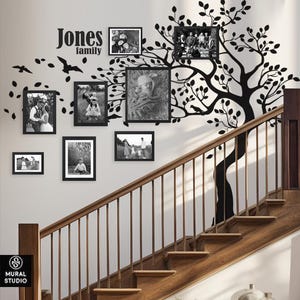 May include: Black and white family photos are displayed on a white wall with a black tree silhouette decal. The photos are in various sizes and are arranged in a tree shape. The text "Jones family" is written on the wall above the photos.