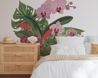 Tropical Orchid Wall Decal, Botanical Flower Mural, Monstera Leaf Jungle Decor