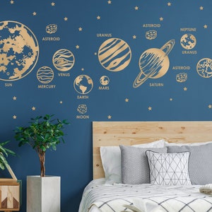 May include: Gold solar system wall decals with the names of each planet, including the sun, moon, mercury, venus, earth, mars, jupiter, saturn, uranus, neptune, and pluto. The decals are on a blue wall above a bed with a wooden headboard.