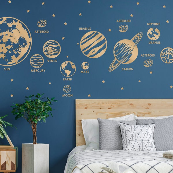 Space Planets Wall Decal, Galaxy Solar System art stickers, Astronaut Cosmos Stars Nursery Zodiac Constellations Wall Art