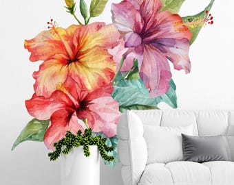 Hibiscus Flower Wall Decal, Tropical Watercolor Floral Wall Sticker, Large Boho Botanical Art, Mural, Living Room Bedroom Decor 33