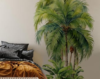 Tropical Palm Tree Wall Decal, Watercolor Jungle Leaves, Parrot Toucan Mural