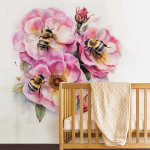 Floral wall art, Watercolor Wall Decal, Bumble bee Decor, Birthflower gift, Wall Decor, Nursery Wall Decals, Bee wall artMural
