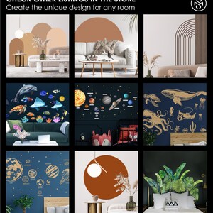 May include: A collage of images showcasing different wall decor options for various rooms. The images include a living room with a brown and white sofa, a bedroom with a blue wall and a solar system wall decal, a bedroom with a blue wall and an ocean-themed wall decal, a bedroom with a blue wall and a solar system wall decal, a bedroom with a brown wall and a large brown circle wall decal, and a bedroom with a black wall and a tropical leaf wall decal.