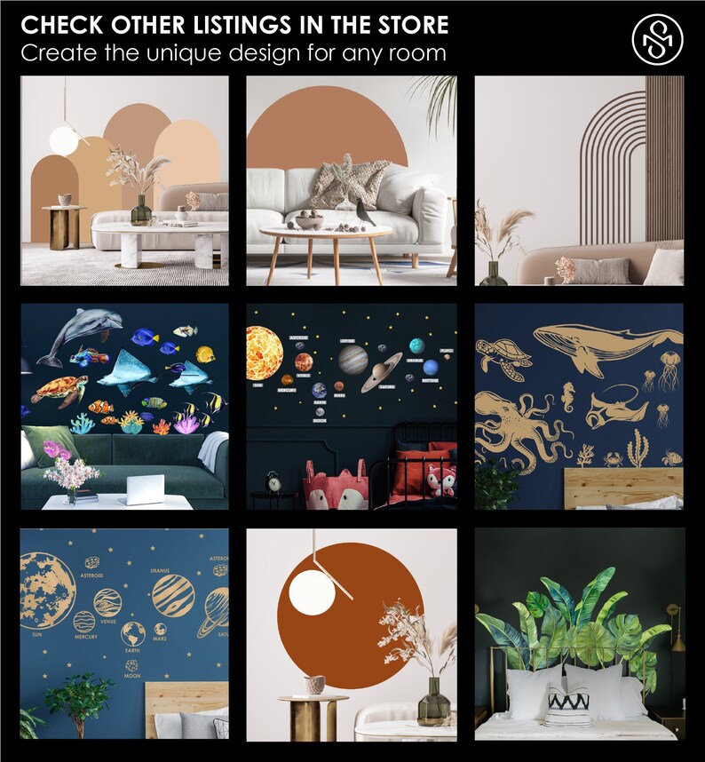 May include: A collage of images showcasing different wall decor options for various rooms. The images include a living room with a brown and white sofa, a bedroom with a blue wall and a solar system wall decal, a bedroom with a blue wall and an ocean-themed wall decal, a bedroom with a blue wall and a solar system wall decal, a bedroom with a brown wall and a large brown circle wall decal, and a bedroom with a black wall and a tropical leaf wall decal.