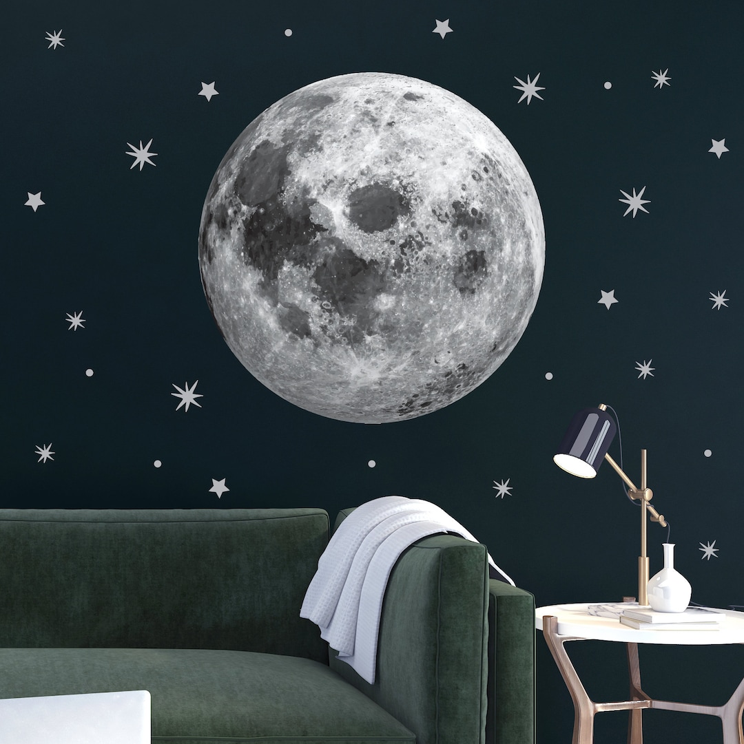 Moon Wall Decal, Full Moon Sticker, Large Moon, Stars Set, Mural Space