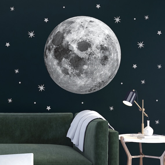 Moon Wall Decal Full Moon Sticker Large Moon Stars Set - Etsy
