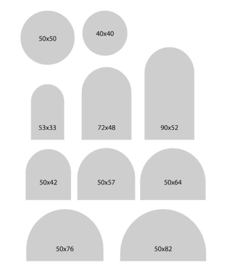 Op de afbeelding: Een set van negen grijze cirkels en halve cirkels met verschillende afmetingen. De cirkels en halve cirkels zijn gelabeld met hun afmetingen in inches. Bijvoorbeeld, &eacute;&eacute;n cirkel is gelabeld "50x50" en &eacute;&eacute;n halve cirkel is gelabeld "50x76".